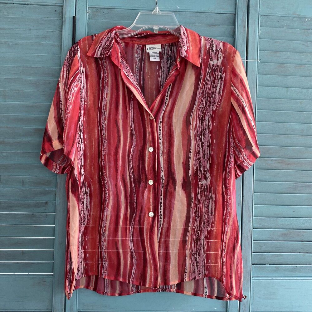 Modern Essentials Collared Shirt ~ Sz M ~ Red & Beige ~ Short Sleeve ~ Sheer